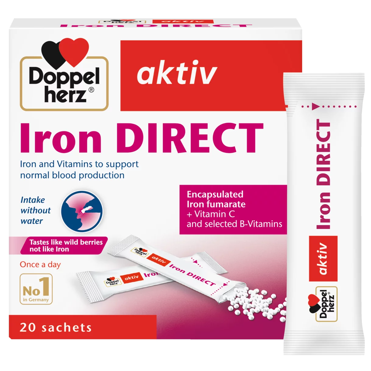 Illustration of the product packaging Doppelherz aktiv Iron DIRECT front view